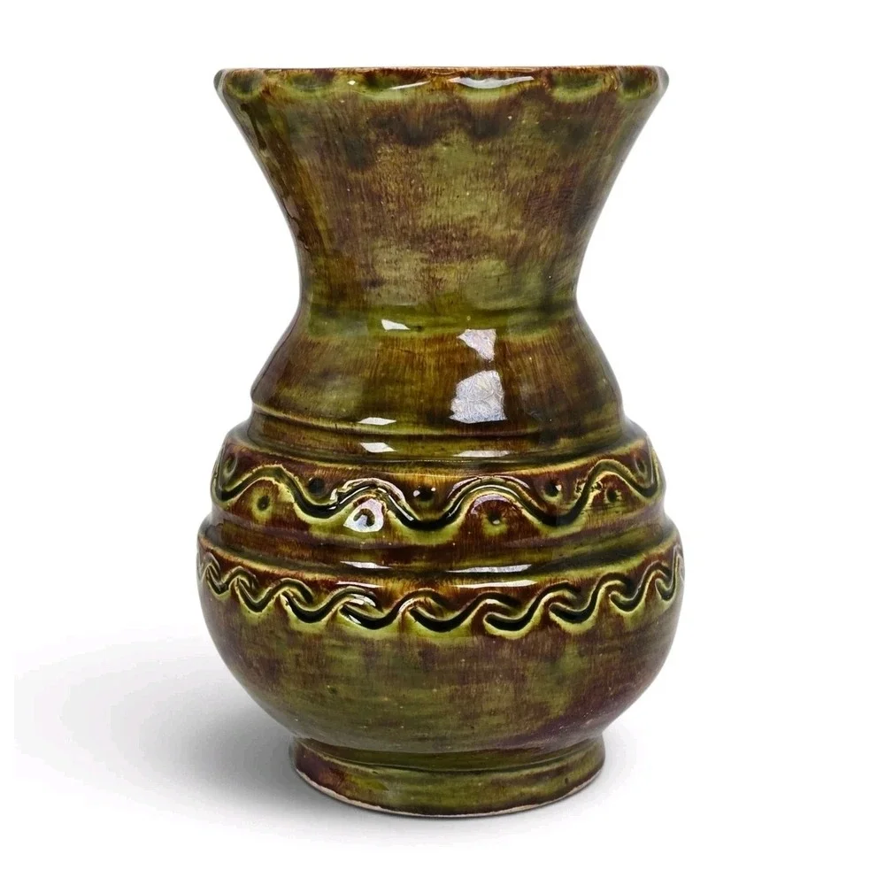 Signed Studio Pottery Vase Olive Green Brown Glaze Incised Design 6.75